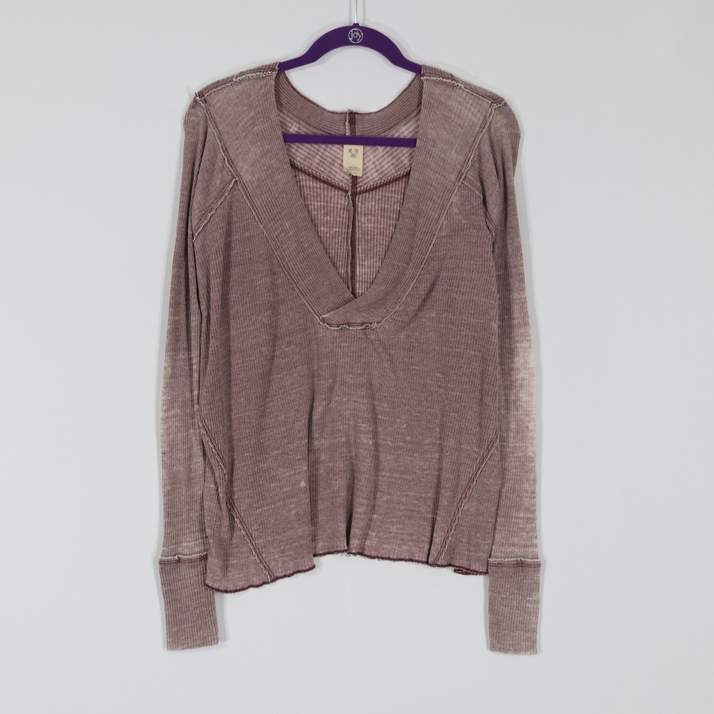 We The Free Thermal Top Women XS Mauve Purple Deep V Neck Boho Slouhcy Worn In